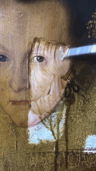 fatherwithatypewriter: sixpenceee:  A protective finish is applied to keep paintings safe from wear, but they will discolor as a result of time going by. About two hundred years ago, someone coated a 1618 oil portrait of an unknown lady with a thick layer