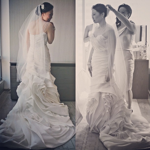 csiriano:  One of our custom bridal gown clients getting ready on her wedding day,