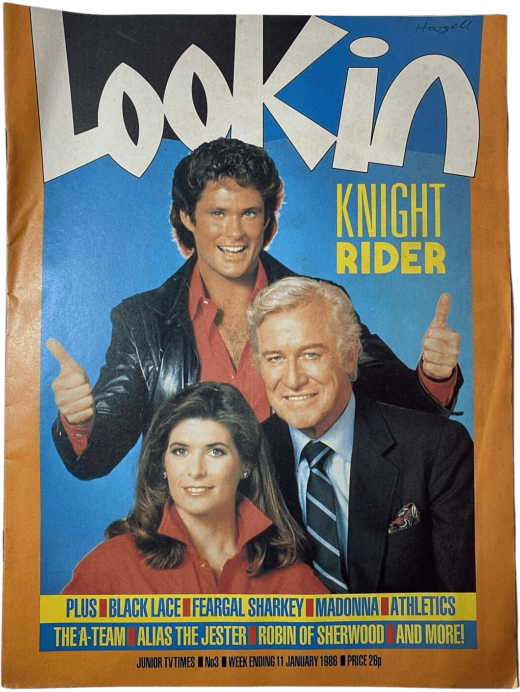 <p>Look-In magazine Jan 1986 ft. Knight Rider - Dr. Bonnie Barstow (Patricia McPherson), Michael Knight (David Hasselhoff), Devon Miles (Edward Mulhare).</p>