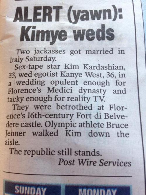 The New York Post wins for best Kimye wedding announcement. 