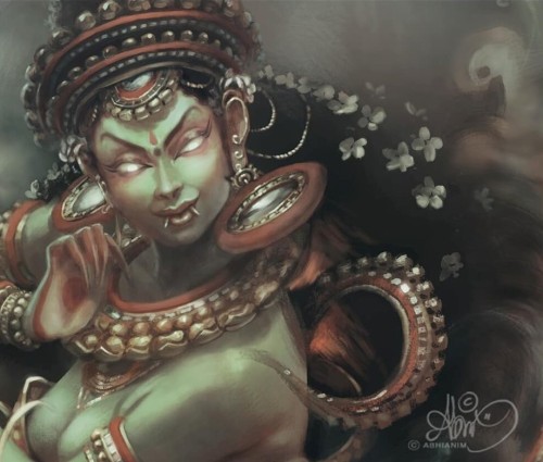 Goddess Bhagavathi follows her priest, art by Abhilash Narayanan, Kerala