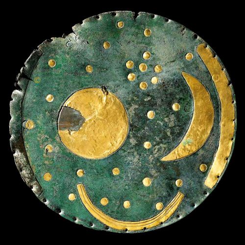  The Nebra disc. The Nebra sky disc is a bronze disc of around 30 cm (12 in) diameter and a weight o