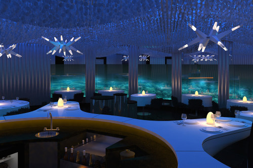 incandescent-angel:  sixpenceee:At the Per Aquum Niyama resort in the Maldives, customers can dine with the fishes while seated at an underwater restaurant. To reach the restaurant, called Subsix, diners must take a speedboat 500 meters from the coast