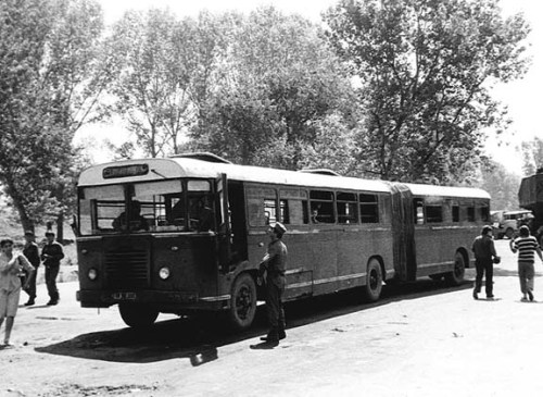 Typical city bus waiting at a turnaround near the port city of Durrës. Early 1990s. Sudetic