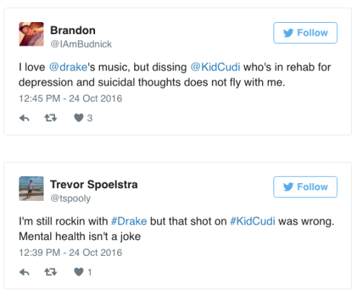 the-movemnt:Drake mocks Kid Cudi’s mental illness on new song “Two Birds, One Stone” Fans on social media are calling out for Drake for what many are saying is an unfair attack on Kid Cudi and his mental health troubles. In “Two Birds One Stone,”