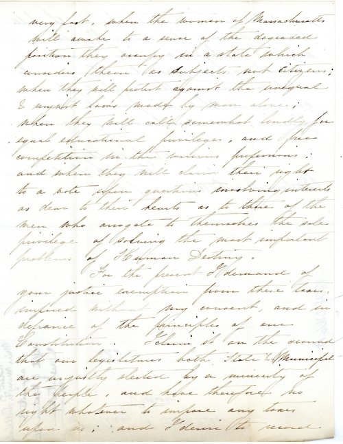 On this day in 1854, Mary Littlebale wrote to Boston’s Board of Aldermen to protest against the “tax