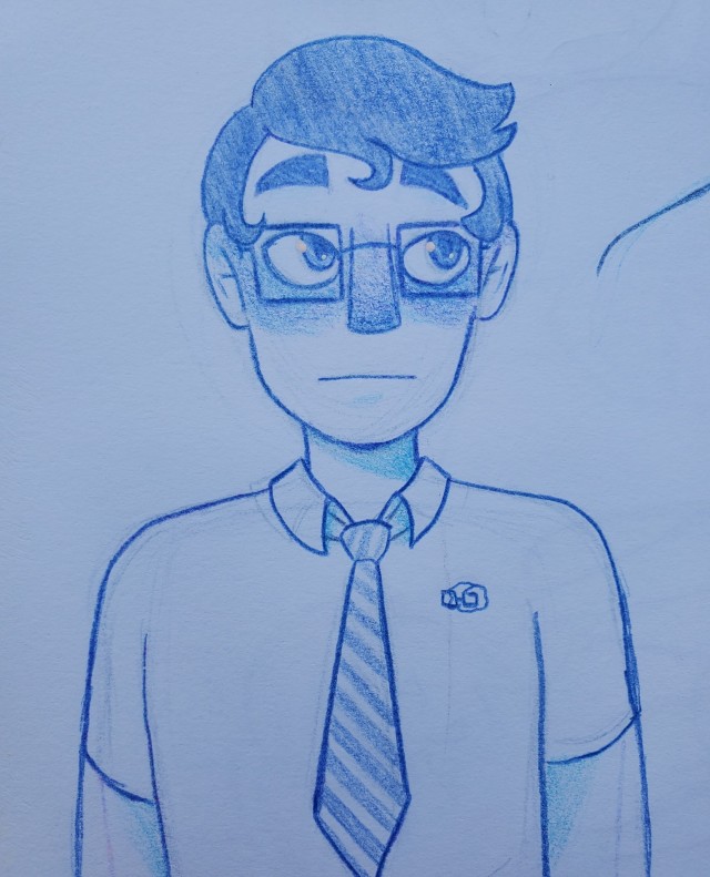 a blue colored pencil bust sketch of Logan, standing neutrally