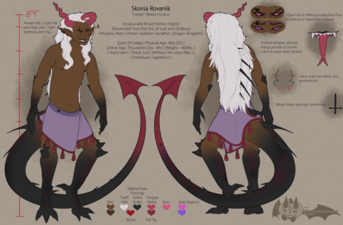 i finally finished an up to date ref sheet for my incubus oc Skonia!! i made him a little more drago