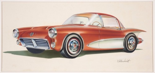 Glen Winterscheidt, Drawing of a Concept Car, 1957. Airbrush and ink on illustration board. USA. Via