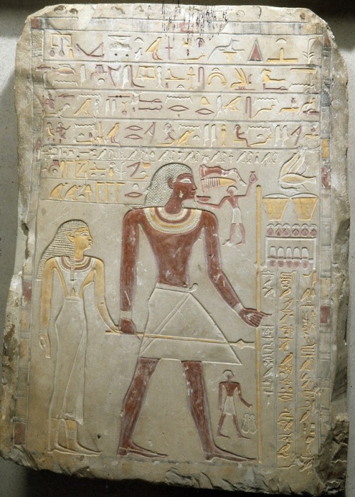 Funerary stele (painted limestone) of the Royal Sealer Indi and his wife Mutmuti, Priestess of Hatho
