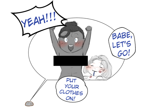 A chibi beauyasha drawing, with Beauregard cheering in front and Yasha in the background. Beau is excitedly saying "Yeah!!! Babe, let's go! Put your clothes on!" A censor bar is over Beau since Caleb's message from the sending stone interrupted them.