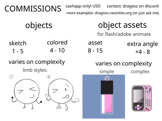 object commission sheet. cashapp only. in USD. sketch: 1-5. colored: 4-10. object assets for adobe animate: 8-15. contact dragovz on discord