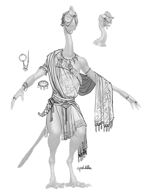 Some bird people clothes sketches!one Fancy Bird (lots of flowy silk, dangly jewelry, rather unpract