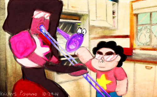 fuluv:motok-wolf:knickerspisyamo:bigbardafree:bigbardafree:okay but wheres garnet on trombone and amethyst banging the oven door “when pearl’s not home”#excuse me Steven would be banging the oven #and amethyst would BE the trombone amended  ask