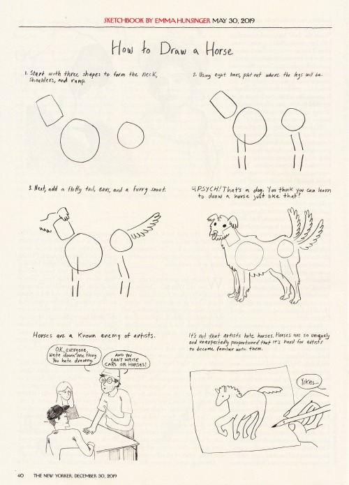 theblackestofsuns:How To Draw A Horse by Emma Hunsinger in this week’s New Yorker magazine.