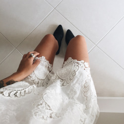 thestylexplorer: Shop similar dress here : White Long Sleeve Crochet Lace Dress ( personal favorite ) &gt;&gt; White Crew Neck Sheer Floral Lace Dress &gt;&gt; White Lace Trim Cold Shoulder Dress &gt;&gt; Cream Cap Sleeve Lace Dress &gt;&gt;  