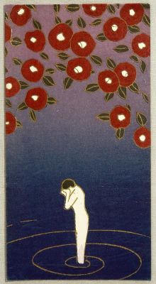 Dappledwithshadow: Kaichi Kobayashi - Nymph In Lake And Camelia, C.1930. Woodblock