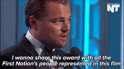 nowthisnews:  Leonardo DiCaprio accepts his award for Best Actor in a Drama Film for ‘The Revenant’ and dedicates it to indigenous communities. 