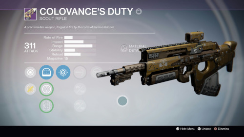  Colovance’s DutyScout RifleScout Rifle from Iron Banner. Thanks to Deeper Madness for the images. M