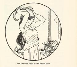 dubiousculturalartifact:  the-two-germanys:   The Princess Finds Horns on her Head.European Folk &amp; Fairy TalesJoseph JacobsNew York: G.P. Putnam’s Sons, 1916.  My favourite part is her expression/body language.This is not a princess recoiling in