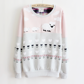 pinkune:Casual Sheep Printed Long Sleeve Cotton Sweatshirt