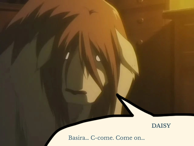 a screenshot of the nina chimera from fullmetal alchemist, with a screenshot from the magnus archives episode 179 "accomplice," pasted on top in a speech bubble, reading: "daisy: basira... c-come. come on..."