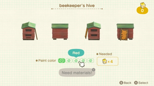 Item: beekeeper’s hive# of customizations: 5Customization names: natural, white, red, blue, yellowCu