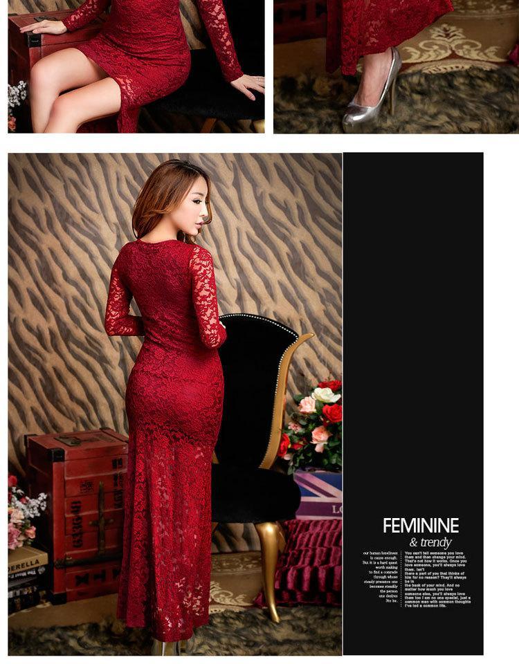 Red Long Sleeve Tight Lace Gown Nightclub Long Dress