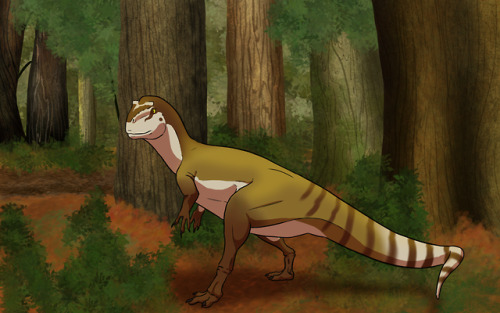 goldenchocobo: Dinovember day 10: Sinraptor in a cool pose I seem to paint trees a different way eve