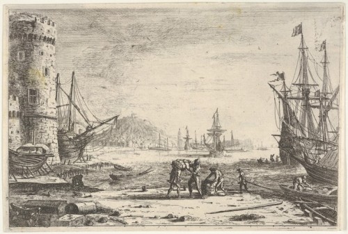 Harbor with large tower at left, and figures in the foreground, Claude Lorrain, ca. 1635–40, Metropo