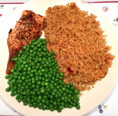 thefoodarchivist:His; chilli salmon, red pepper rice and peas
