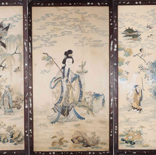 粤绣红木镶嵌螺钿银丝屏风 Folding screen, Guangdong style embroidery framed by wood with inlaid “mother of pearl”