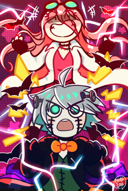 chibigaia-art:  the legend says the mad scientist sent her monster after whoever dissed her creations I wanted to draw Keebo’s halloween design and then I added Miu because yeah ∠( ᐛ 」∠)＿  [Commissions page!]   