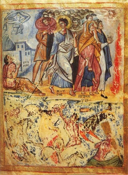 arthistoryfeed:Moses and the Israelites cross the Red Sea.  Byzantine illuminated manuscript, late 1