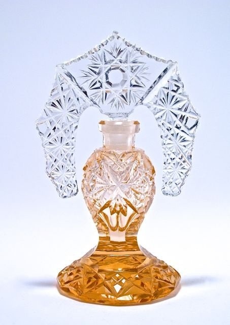 1920s Czechoslovakian perfume bottle, pink crystal, clear tiara stopper (dauber). Made in Czechoslov