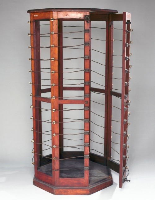 pwlanier:Electrotherapeutic machine, Paris, France, 1890-1910. This rather grusome looking device is known as an electrotherapeutic cage. Electrotherapy was used for a wide range of neurological and psychiatric disorders. The patient would stand inside