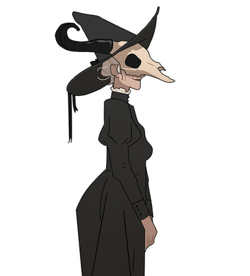 Witchtober2020 Day 14 . SkullDescription:  An old woman in Victorian black dress standing in profile