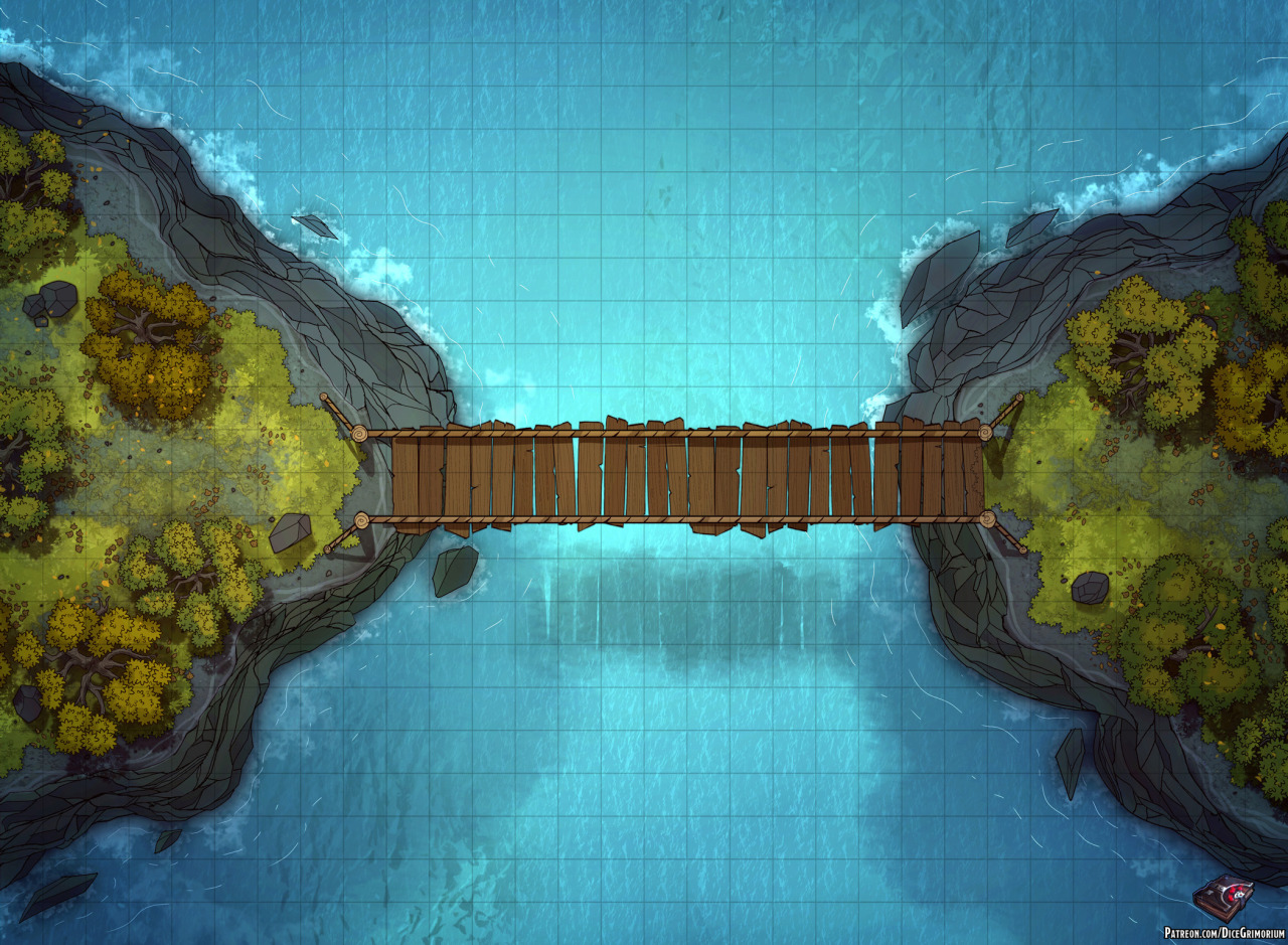 dicegrimorium: “Greetings! This week I’ve created a new battle map featuring a bridge as it’s main element. This one however, is one of those frail-looking I’m-about-to-fall-by-the-side hanging bridges. Just perfect for throwing those annoying Player...