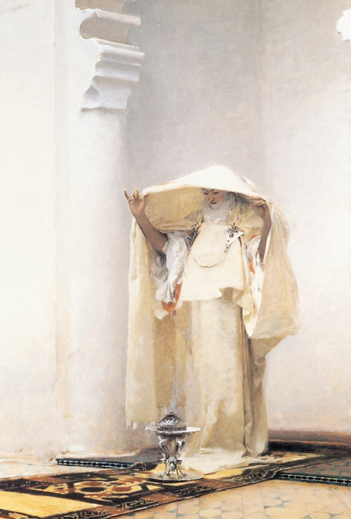 jolieing:  John Singer Sargent - Fumée d’Ambre Gris, 1880  Fumée d’Ambre Gris was painted after Sargent’s trip to North Africa in the winter of 1879-80. The painting depicts an exotically dressed woman inhaling the smoke of ambergris — a resinous