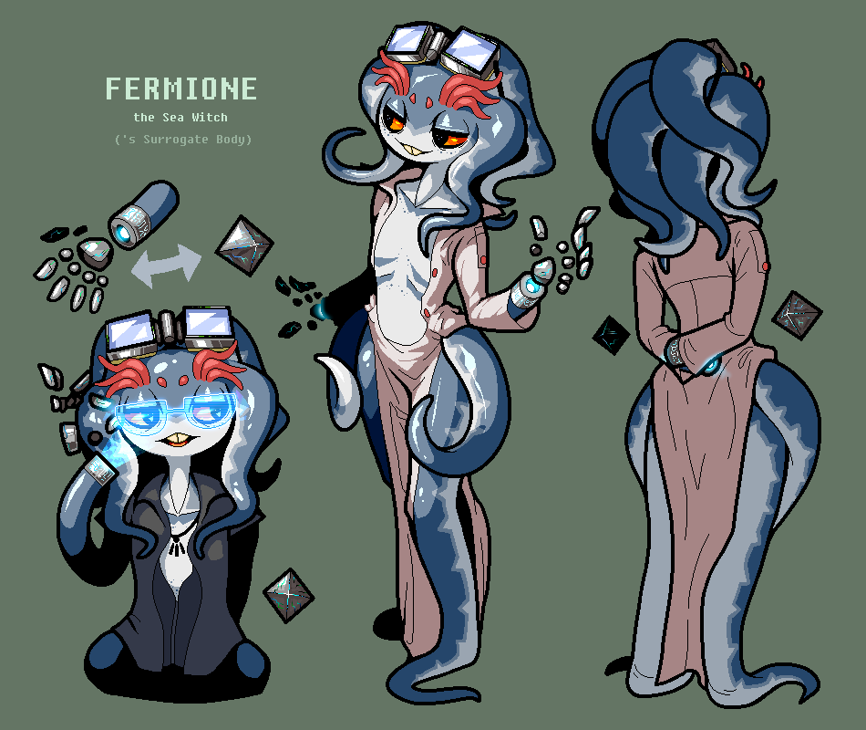 discommunicator:Sea Witch Fermi, and her clone puppet(s)She’s a scientist originated from other universe, and her title of a witch is an honorary thing earned with her reputation among the actual witches of Wrongworld.In fact she even has nothing