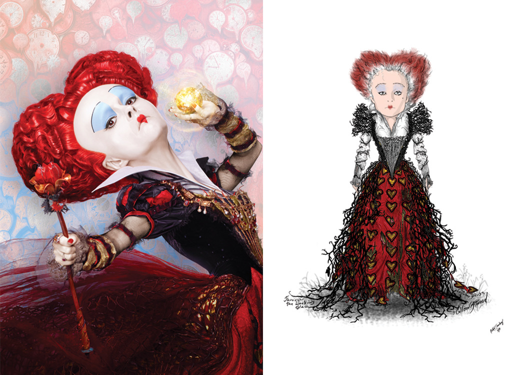 Costume designer Colleen Atwood based the Red Queen’s dress off the card game referenced in Lewis Carroll’s first Alice book, but specifically designed it to make the Queen’s head look larger and body look smaller in Alice Through the Looking Glass.