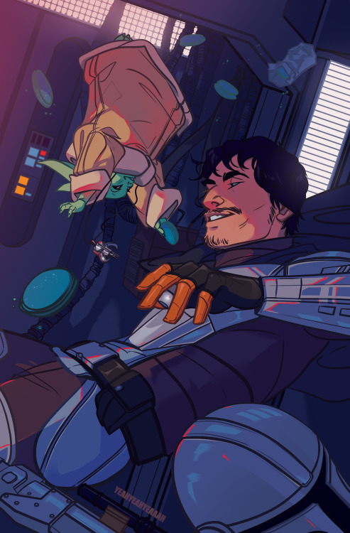 yeahyeahyeaaah:my piece for @clanoftwozine!! Din turned off the ship’s artificial gravity to entertain Grogu during a long ride in space✨🚀