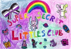 lower-case-numbers:Secret clubs are super fun! You should definitely join and we can all build a blanket fort and colour in together. Or is a Secret Society of Caregivers more your thing?[Image description. Image one, a childish crayon drawing. Rainbow