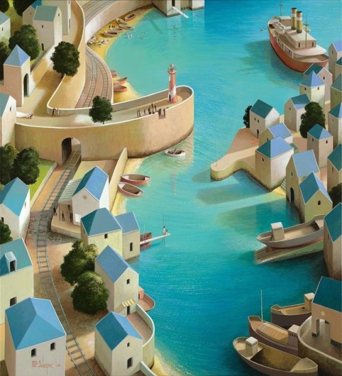 talesfromweirdland:Landscapes–or rather, cityscapes–by Dutch artist, Michiel Schrijver (1957).