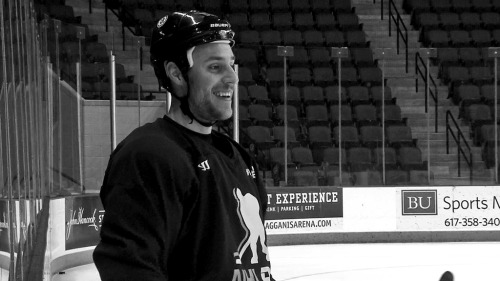 B’s forward Gregory Campbell smiles big for the bostonbruinsTV camera during informal practice at BU.