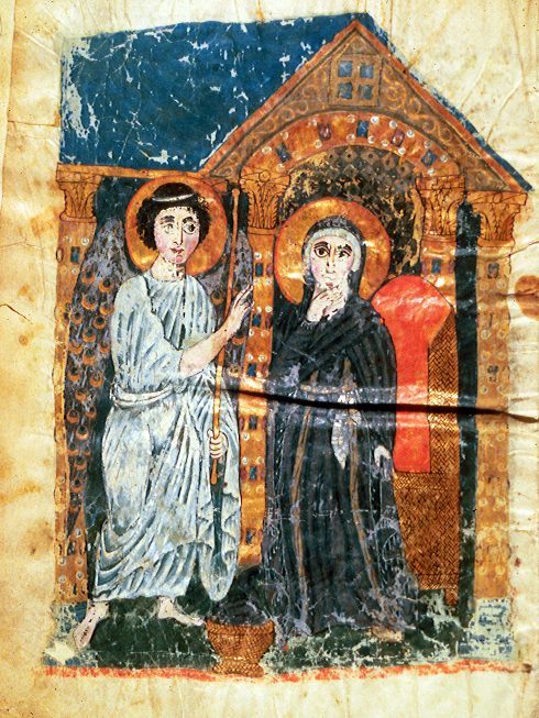 forgottenancients:Annunciation to the Virgin, Etchmiadzin Gospel, Armenia, late 6th-early 7th centur