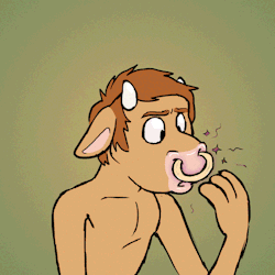 rubberskunkadditionally:  kotepteef:  Boy, looks like nose rings are risky business!  @rubberskunkadditionally made this little bull guy into a big grump, and I came in with the colors.  Man can I call ‘em or what. I liked how this one came out especially