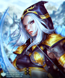 valkymieart:  Patreon / DeviantArt  Support me on Patreon for access to hi-res images, sketches, step-by-step .gifs, and Patreon-exclusive art! Any support is greatly appreciated! Peace requires a steady hand.Ashe from League of Legends (with slight