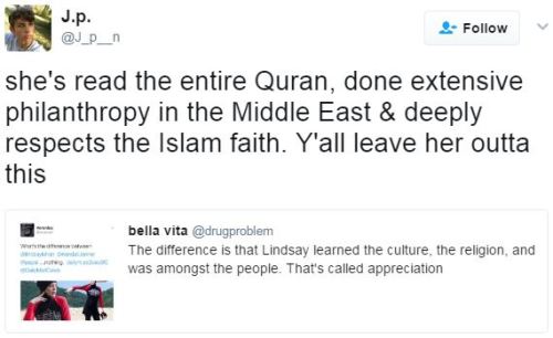 beesforbernie:evilduckling:messiahelon:leave Lindsay tf aloneseriously as a muslim woman i can assur