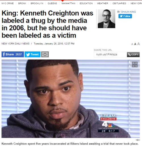 4mysquad:                 !!!!You were not a thug, but a child!!!! #KennethCreighton #BLACKLIVESMATTER Seven years ago some in the local New York press called teenager Kenneth Creighton a thug. Guilty until proven innocent, Creighton was held